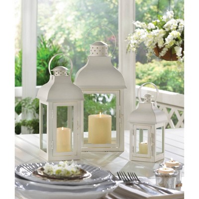 White Iron and Glass Hanging Tabletop Candle Lantern