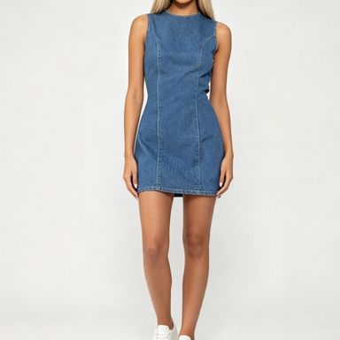 blue short dress casual Women Sleeveless Denim Mini Dress, Round Neck Back Tie Waist Slim Fit Jean Summer Daily Outfit L This blue mini dress Tamanhos:L Ladies dresses vegan Fitted long dress with