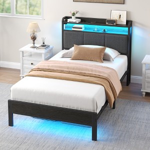 Greenstell  Bed Frame with Upholstered Storage Headboard  and Charging Station & LED Lights - 1 of 4