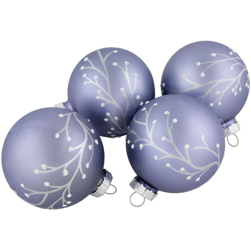 Northlight 4ct Matte Purple Glass Ball Christmas Ornaments with Branch Design 2.5" (63.5mm), 1 of 6