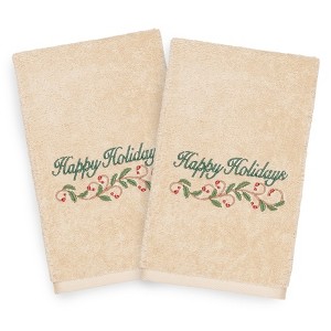 Linum Home Textiles Christmas Happy Holidays - Embroidered Luxury 100% Turkish Cotton Hand Towels (Set of 2) - 1 of 3