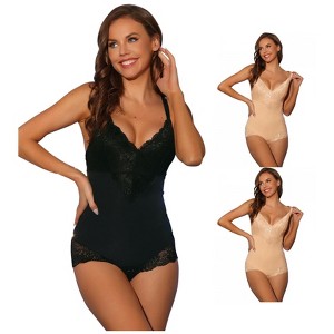 INSPIRE CHIC Women's Lace Adjustable Straps Tummy-Control Backless V Neck Body Shaper 3 Packs - 1 of 4