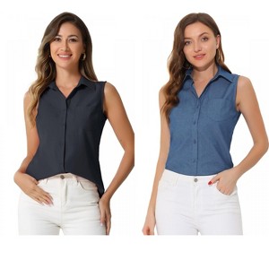 INSPIRE CHIC Women's Sleeveless Lapel V Neck Button Down Chambray Shirt 2 Packs - 1 of 4