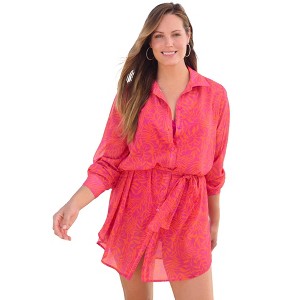 Swim 365 Women's Plus Size Button-Down Cover Up - 14/16, Fruit Punch Tropical - 1 of 4