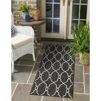 Charcoal Trellis Flat Woven Outdoor Runner Rug
