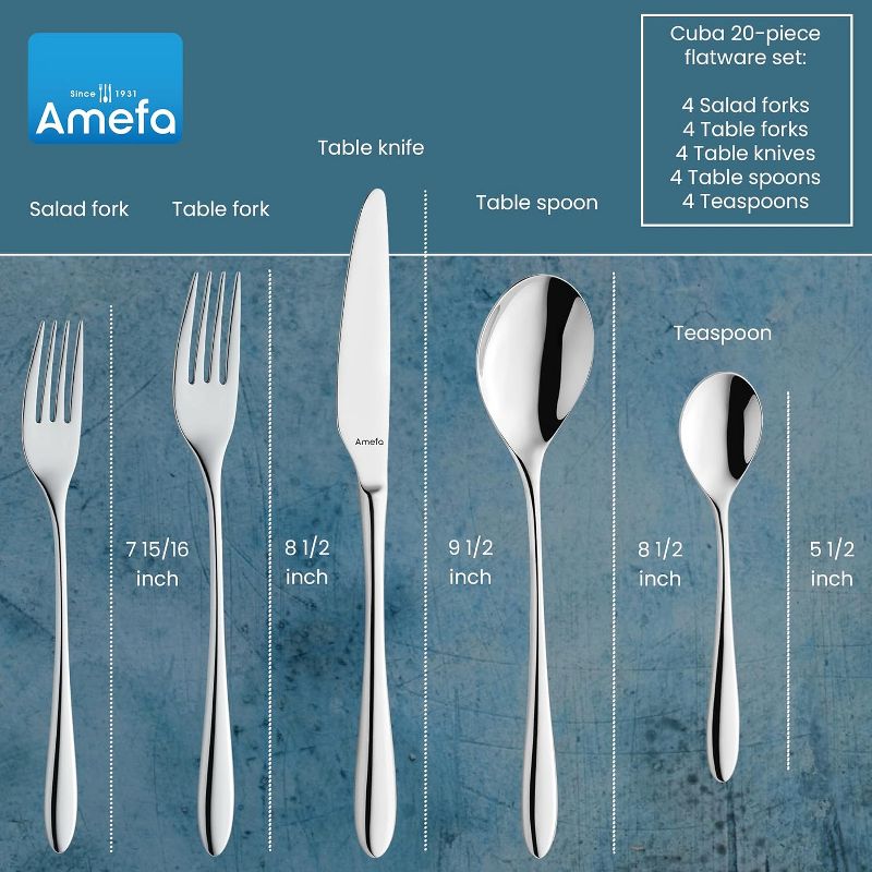 Amefa Cuba 20-Piece Premium 18/10 Stainless Steel Flatware Set, High Gloss Mirror Finish, Silverware Set Service for 4, Rust Resistant Cutlery, 2 of 8