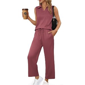 PINSPARK Two Piece Sets for Women Sleeveless Outfits Travel Tracksuit V Neck Top Wide Leg Pant Lounge Sets 2025 Summer - 1 of 4