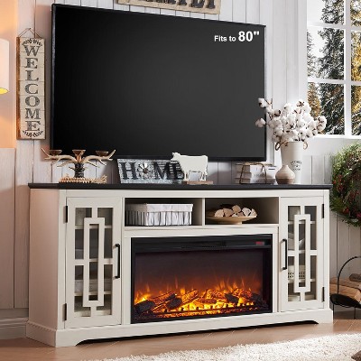 SinCiDo 36" Electric Fireplace TV Stand for 80 Inch TV, Farmhouse Media Console w/6 Shelves, 32" Tall Entertainment Center w/Storage