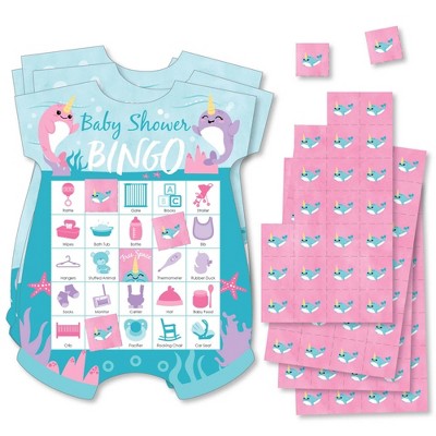 Big Dot of Happiness Narwhal Girl - Picture Bingo Cards and Markers - Under The Sea Baby Shower Shaped Bingo Game - Set of 18