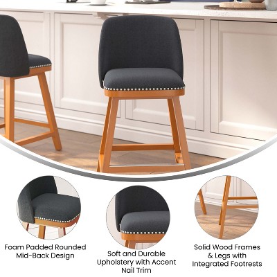 Charcoal Faux Linen 24" Counter Stools with Walnut Wood and Nailhead Trim, Set of 2
