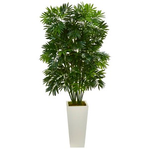 Nearly Natural 49-in Mini Bamboo Palm Artificial Plant in White Tower Planter - 1 of 1