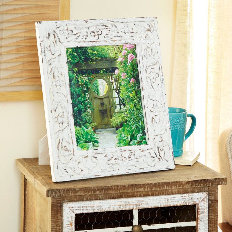 15&#34;x13&#34; Mango Wood Floral Handmade Intricate Carved 1 Slot Photo Frame White - Olivia &#38; May, 2 of 8
