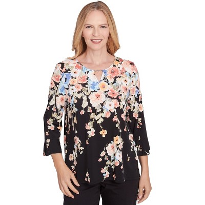 Alfred Dunner Womens Falling Flower Beaded Split Neck Top