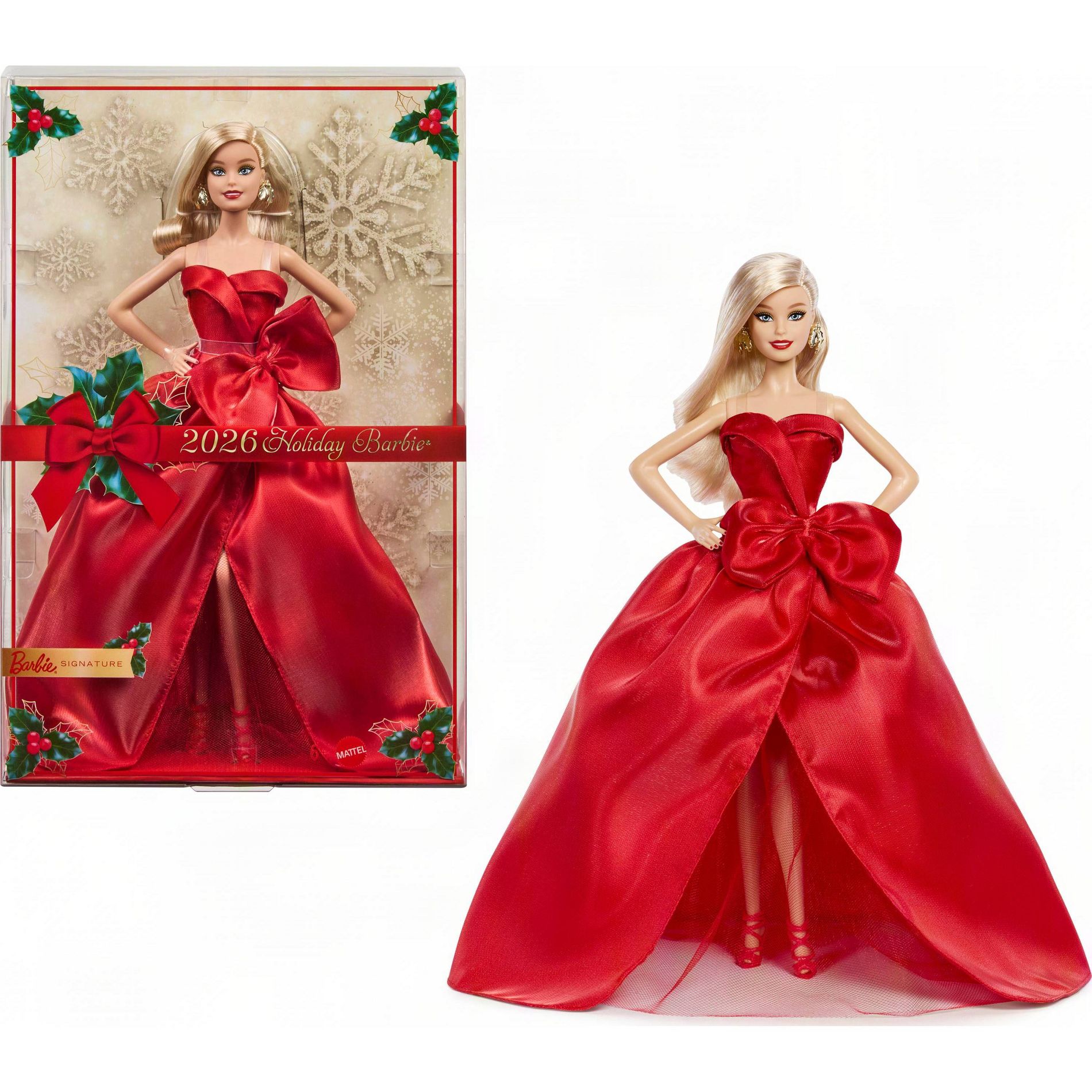 Barbie Signature 2026 Holiday Barbie Fashion Doll Seasonal Collector Blonde with Red Gown with Bow Detail