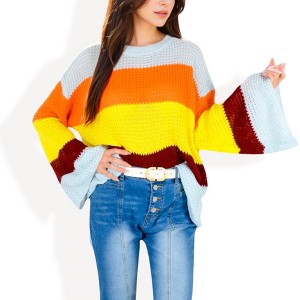 Anna-Kaci Women's Striped Knit Sweater with Bell Sleeves and Colorful Details - 1 of 4