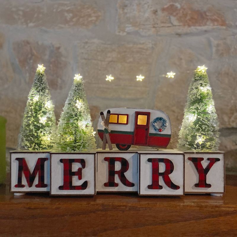 Haute D&#233;cor 9.5&#34; Lit Battery Operated &#39;Merry&#39; with Camper Christmas Wood Blocks Sign, 3 of 4