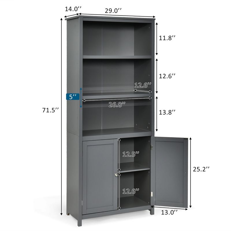 Costway Bookcase Shelving Storage Wooden Cabinet Unit Standing Bookcase W/Doors Gray, 2 of 14