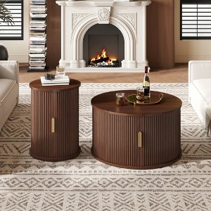 KTMBDW Round Coffee Table Set of 2,Mid Century Modern Wood Coffee Tables with Sliding Door,Minimalist Center Tables for Living Room - 1 of 4