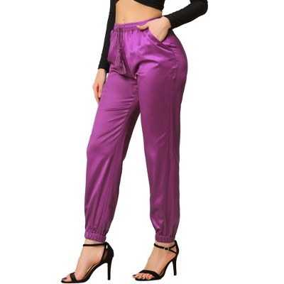 INSPIRE CHIC Women's Drawstring Elastic Waist Ankle Length Satin Joggers Pants with Pocket
