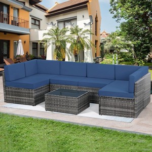 COWLOWN 7 Piece Outdoor Garden, Patio Furniture Set, Black Rattan Sectional Loveseat Couch Set, Conversation Sofa for Poolside, Backyard, Porch - 1 of 4