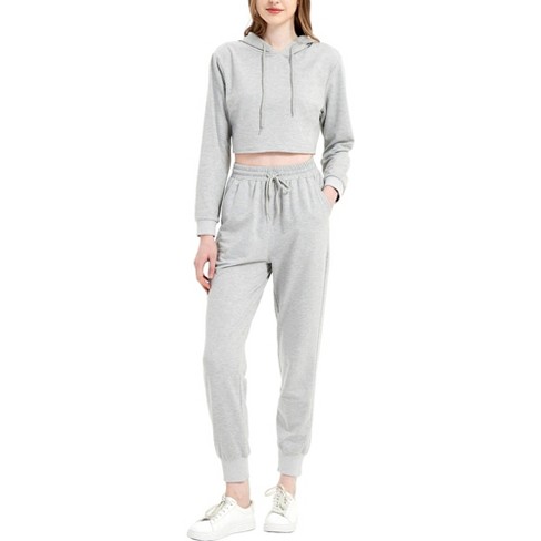 Anna kaci Women s Tracksuit Set Cropped Hoodie Sweatshirt And Drawstring Sweatpants Tapered Joggers Set 2 Piece Small gray Target