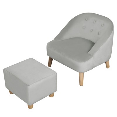 Gray Velvet Kids Sofa Chair and Ottoman Set with Wood Legs