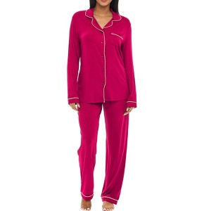 ADR Lightweight 100% Cotton Women's Pajama Set, Soft Knit Long Sleeve Button Down Top and Pants - 1 of 2