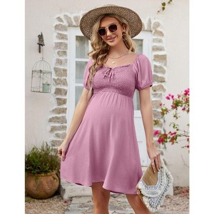 Coolmee Women Maternity Square Neck Smocked Chest Drawstring Puff Short Sleeve A-Line Dress - 1 of 4