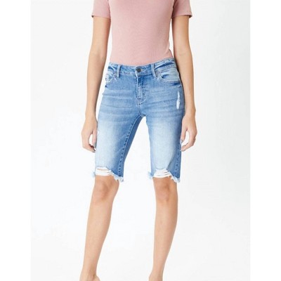 Women's Mid Rise Distressed Hem Detail Bermuda Short - KanCan