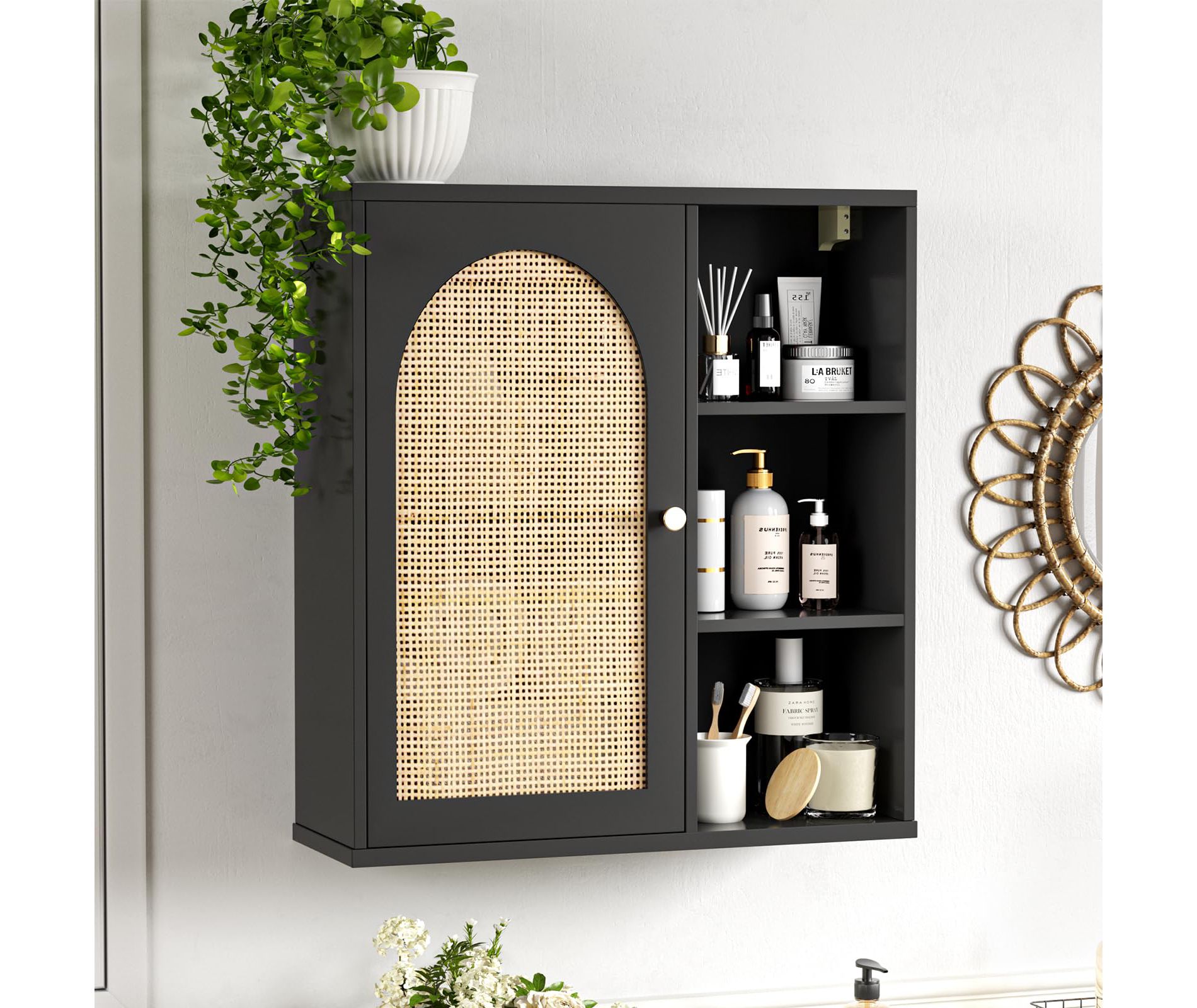 Rattan Wall Cabinet with Door & Adjustable Shelves, Boho Floating Hanging Cabinet
