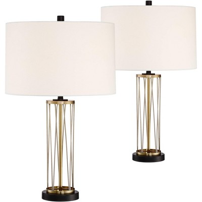 360 Lighting Modern Table Lamps Set of 2 with Hotel Style USB Charging Port Gold Metal Drum Shade for Living Room Family Bedroom Bedside