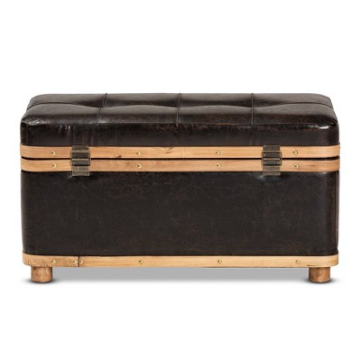 Dark Brown Faux Leather Tufted Storage Footstool with Oak Wood Bands