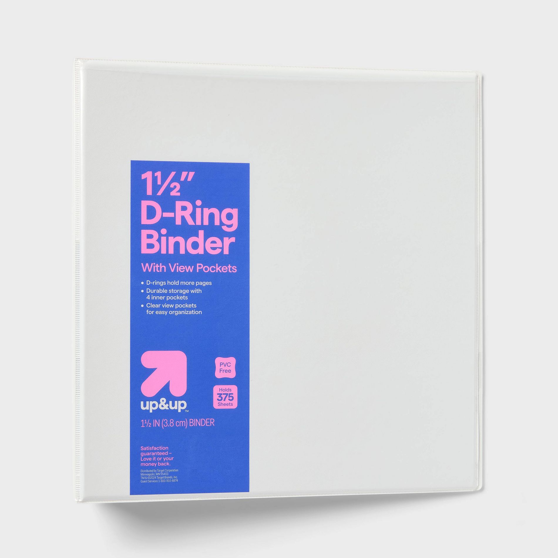 1.5" 3 Ring Binder Clear View White - up&up™: D Rings, 375 Sheet Capacity, 4 Internal Pockets, Polypropylene