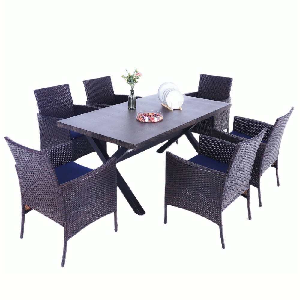 Photos - Garden Furniture 7pc Patio Dining Set with 66"x38" Metal Table & 6 Rattan Chairs - Black 