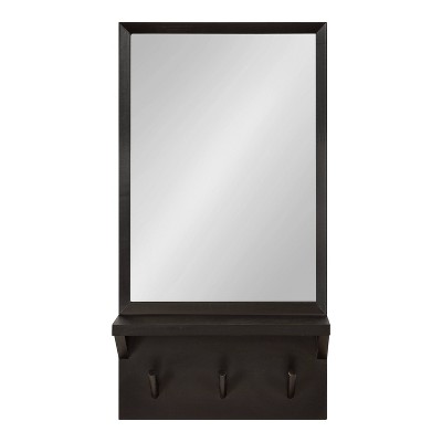 Black Rectangular Wood Wall Mirror with Pegs and Ledge