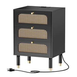 VINGLI Rattan Nightstand with Charging Station, 27" Tall Black Nightstand with 3 Drawers for Bedroom - 1 of 4
