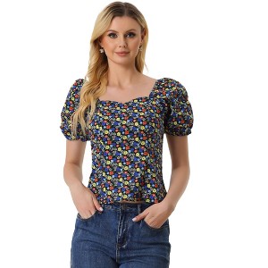 Allegra K Women's Puff Sleeve Square Neck Peasant Floral Blouse - 1 of 4