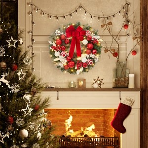 Pre-Lit 24 In Christmas Wreath with Ball Ornaments for Christmas Door Fireplace Decor, Red and White - 1 of 4