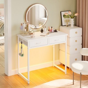 Pinmoco 32 inch Writing Desk with 2 Fabric Drawers& RGB LED Light, Small Computer Desk Vanity Desk with Hanging Hook for Small Spaces - 1 of 4