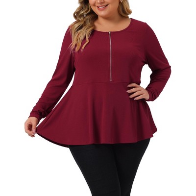 Agnes Orinda Women's Plus Size Peplum Half Zip Up Low Cut Short Sleeve  Ruffle Blouse Burgundy 3x : Target