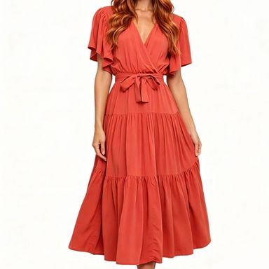 orange flowy dress Women V Neck Short Sleeve Midi Dress, Self Tie Waist Tiered Ruffle Hem Long for Office Daily Casual Occasions S line silhouette that is YOTPO-S0 orange maxi dress Size:XL (Chest 19.7