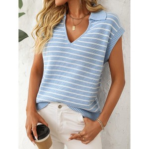Women's V-Neck Sleeveless Knit Top Striped Collared Sweater for Casual Style - 1 of 4