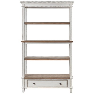 Chipped White & Distressed Wood Rustic Bookcase with Drawer