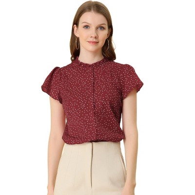 INSPIRE CHIC Women's Dots Print Ruffle Neck Short Sleeve Button Up Shirts