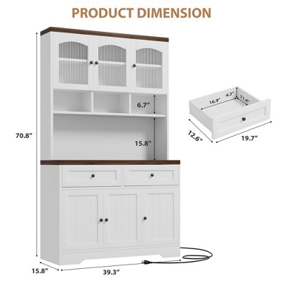 Garvee 70.8 in Tall Kitchen Pantry Cabinet with Hutch Fluted Glass Doors and 2 Drawers, Multifunctional Storage Cabinet for Dining Room - Brown White — фото 2