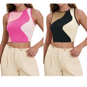 INSPIRE CHIC Women's Color Block Summer Crew Neck Ribbed Sleeveless Crop Going Out Tank Tops 2 Packs - 1 of 4