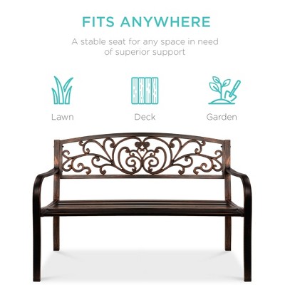 Bronze Floral Design Outdoor Steel Bench with Slatted Seat