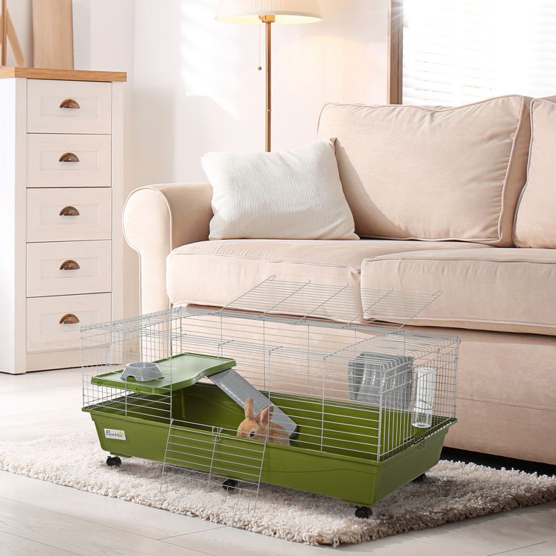 PawHut Small Animal Cage, Rolling Dwarf Bunny Cage, Guinea Pig Cage with Food Dish, Water Bottle, Hay Feeder, Platform, Ramp for Chinchilla, 2 of 9