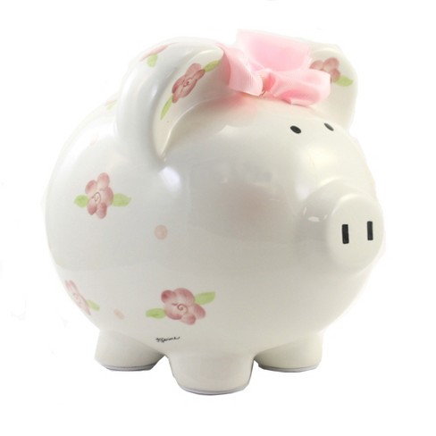 Pearhead Ceramic Piggy Bank - Gray with White Polka Dots