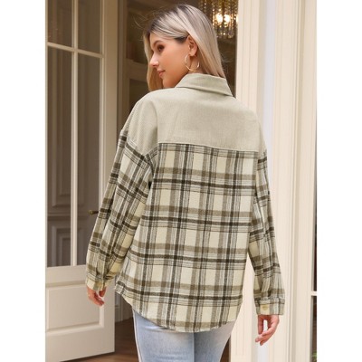 INSPIRE CHIC Women's Corduroy Flannel Shacket Plaid Button Down Casual Shirt Jackets Apricot Medium — фото 3